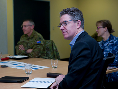 Dr Justin Fidock with Commander of Joint Task Force 629 for Operation COVID-19 Assist, Major General Paul Kenny (left), and Commander Joint Task Group 629.4 Air Commodore Margot Forster receive an update at Keswick Barracks, South Australia. Dr Justin Fidock with Commander of Joint Task Force 629 for Operation COVID-19 Assist, Major General Paul Kenny (left), and Commander Joint Task Group 629.4 Air Commodore Margot Forster receive an update at Keswick Barracks, South Australia.