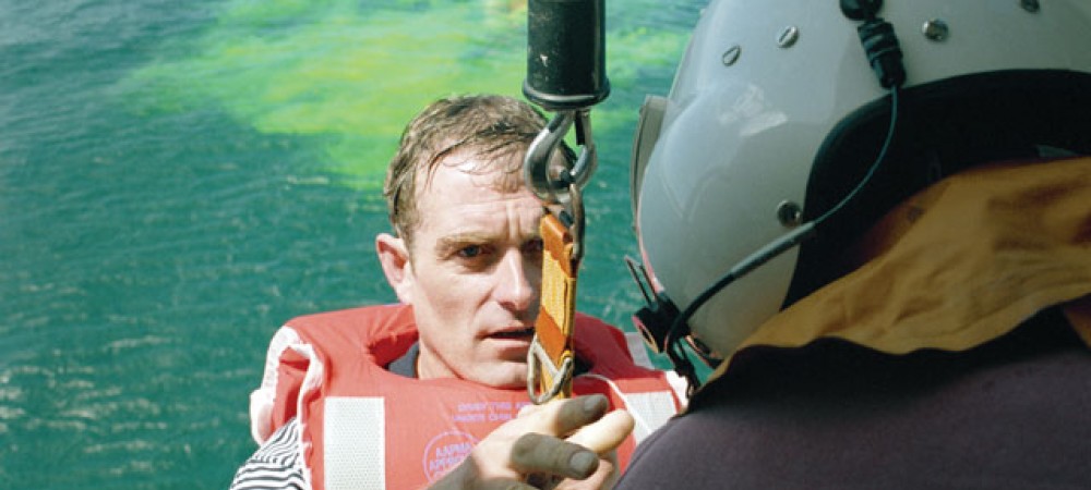 Seamark, a marine dye marker used as an alternative to flares or smoke signals for search and rescue at sea. A photo of a demonstration rescue using Seamark SAR